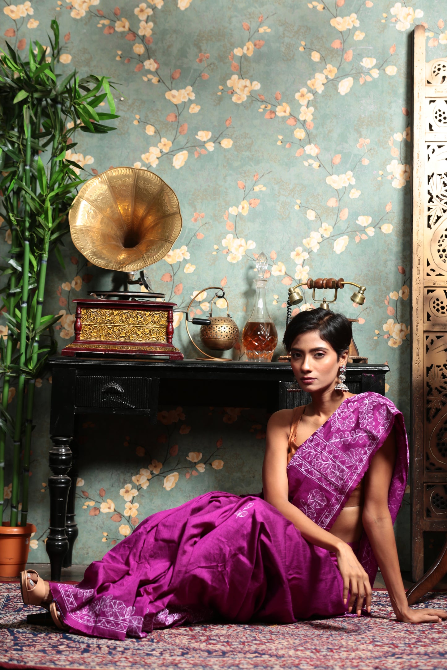 Magenta Tussar silk saree with white Madhubani painting, perfect for cultural or professional events | Urbane Essence