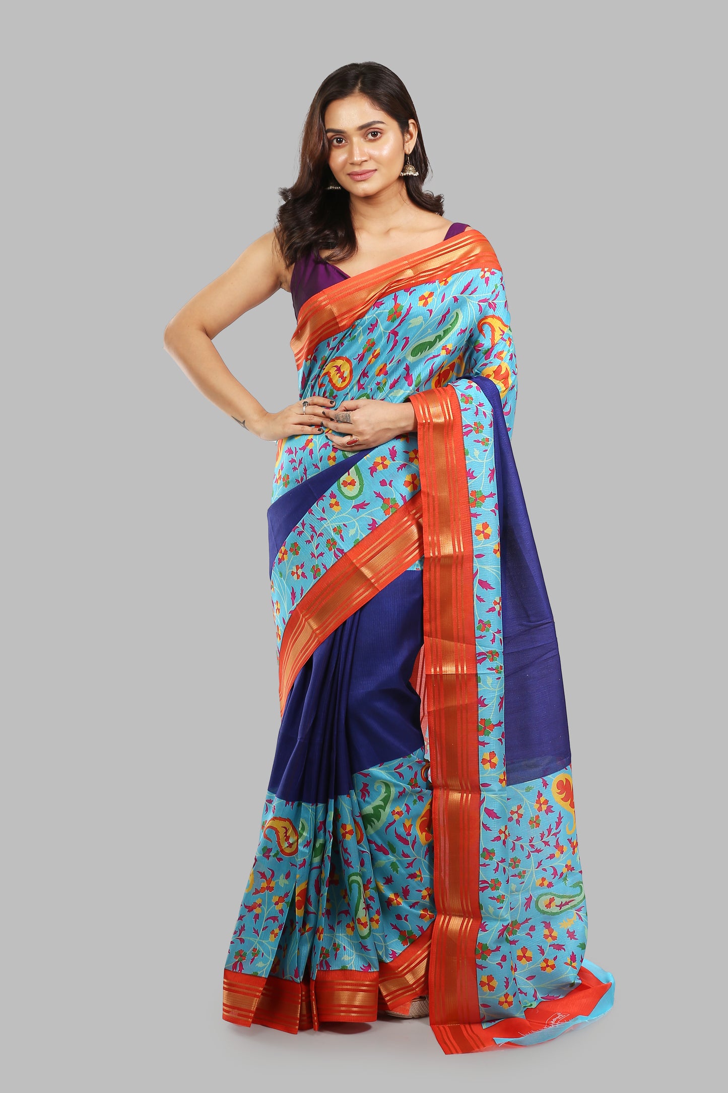 Botanical Cobalt Raw Silk Saree