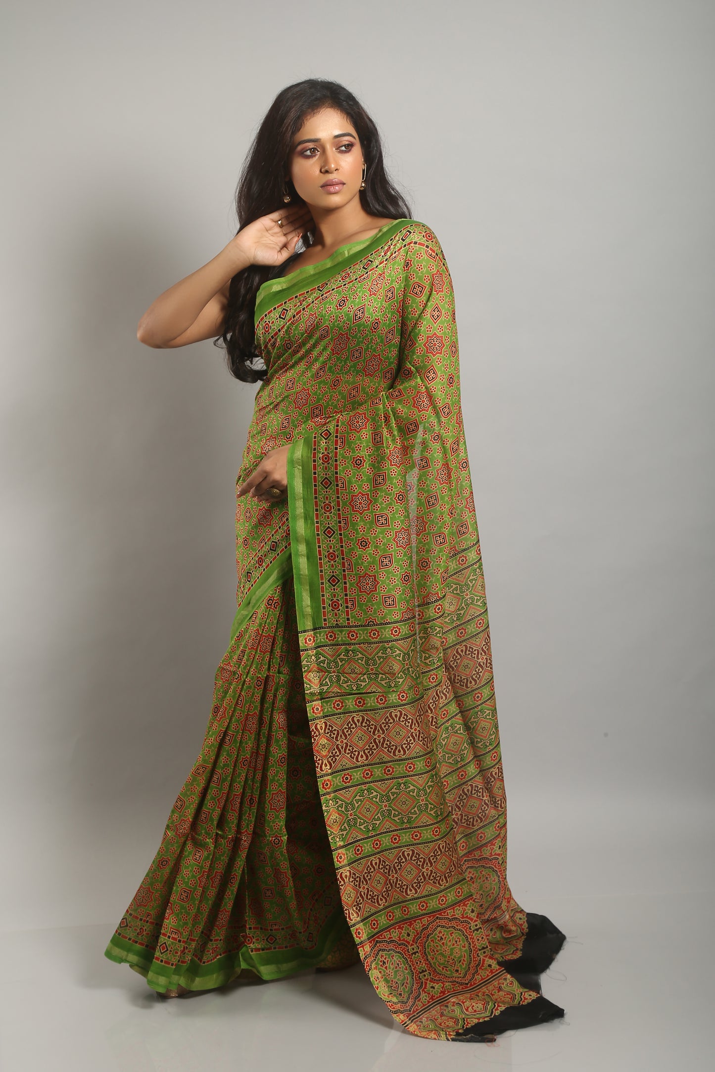 Impartial Pistachio Ajrakh Saree