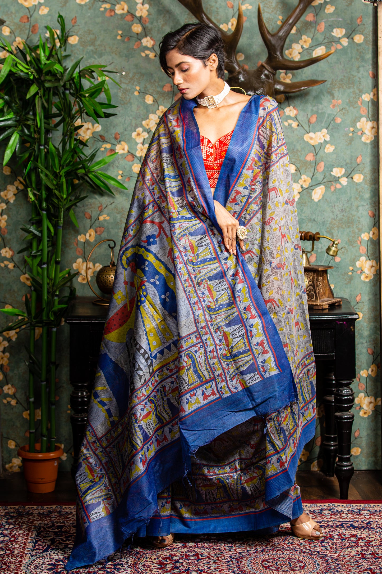 Vibrant Tussar silk saree with all-over Madhubani painting, perfect for special occasions. | Urbane Essence