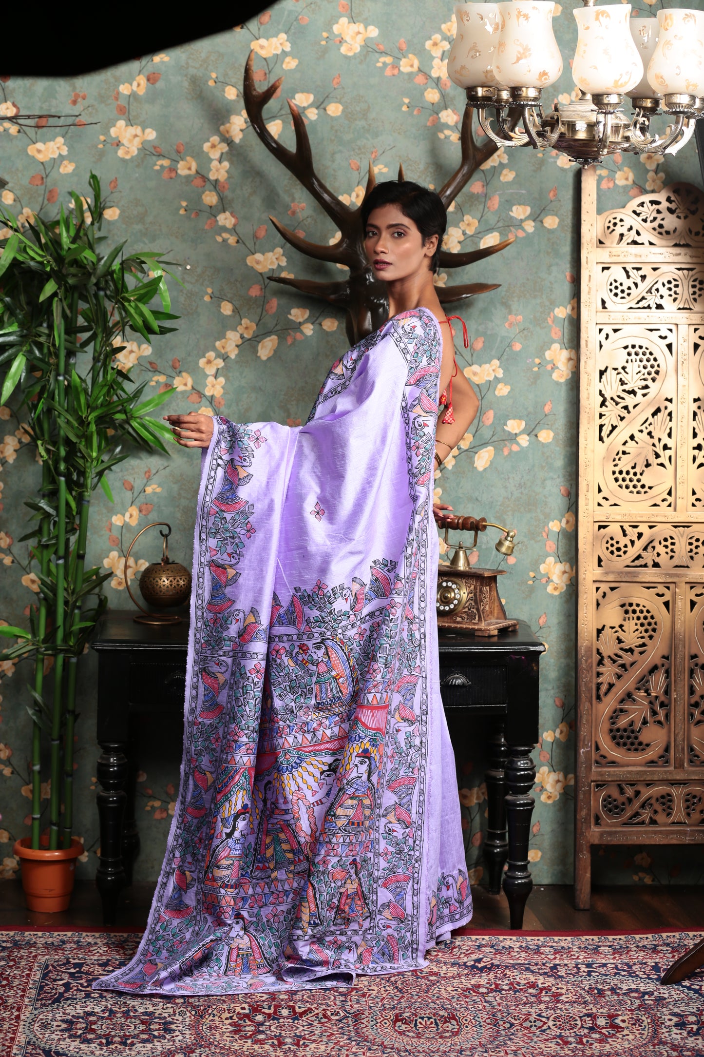 Mauve Tussar silk saree with intricate Madhubani painting, perfect for special occasions | Urbane Essence