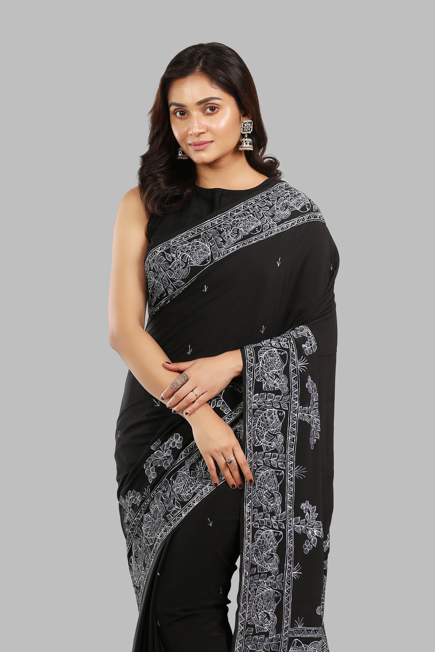 Spiritually Charcoal Madhubani Painting Saree