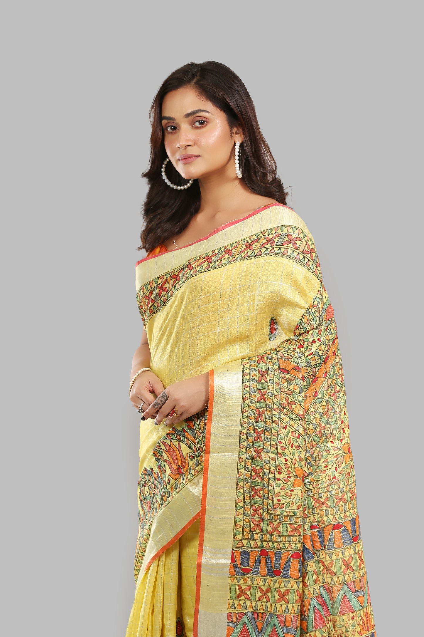 Whimsical Canary Linen Saree