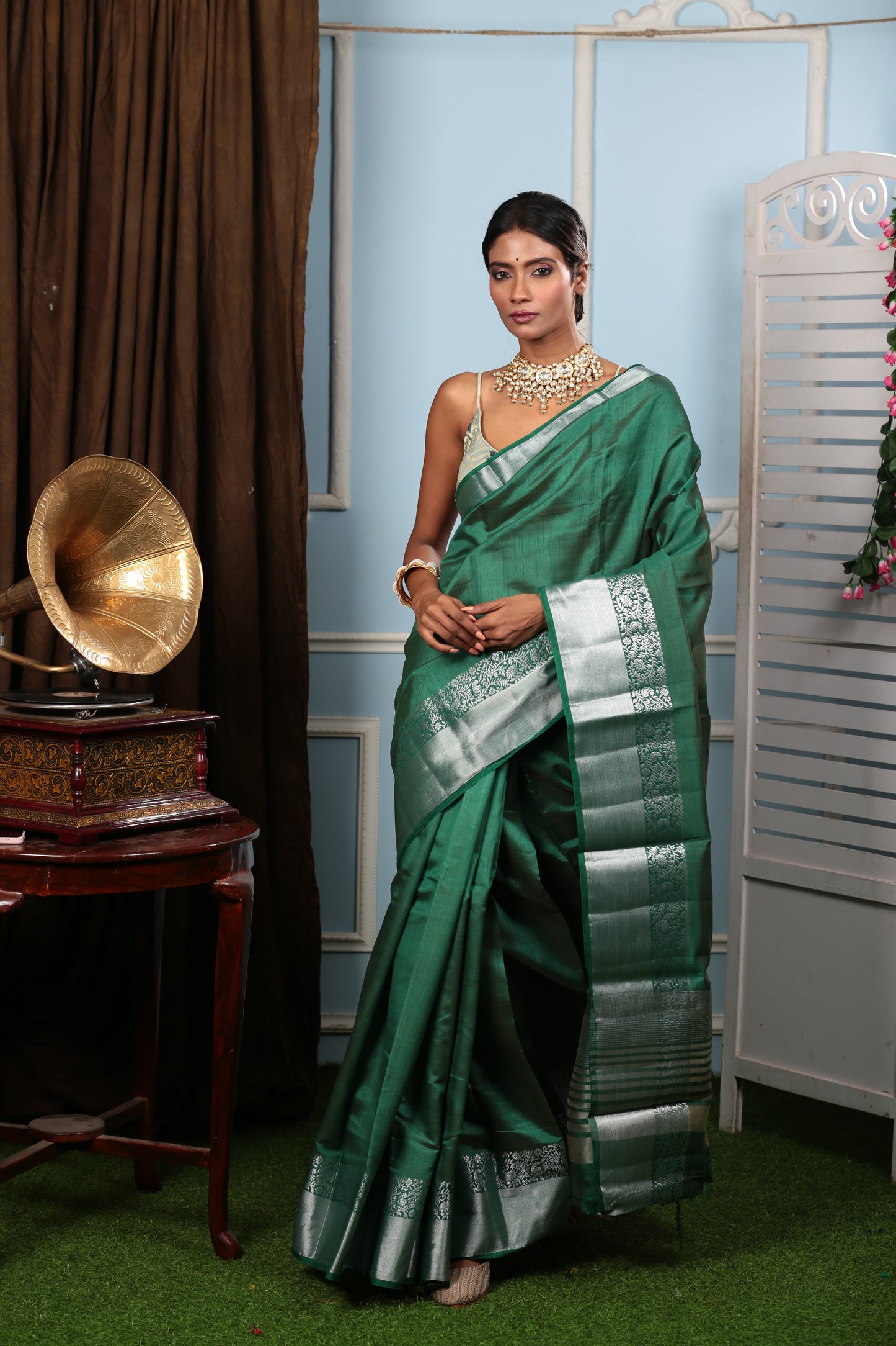 Green Raw Silk Saree with silver border, Harappan tradition, perfect for temple wear | Urbane Essence