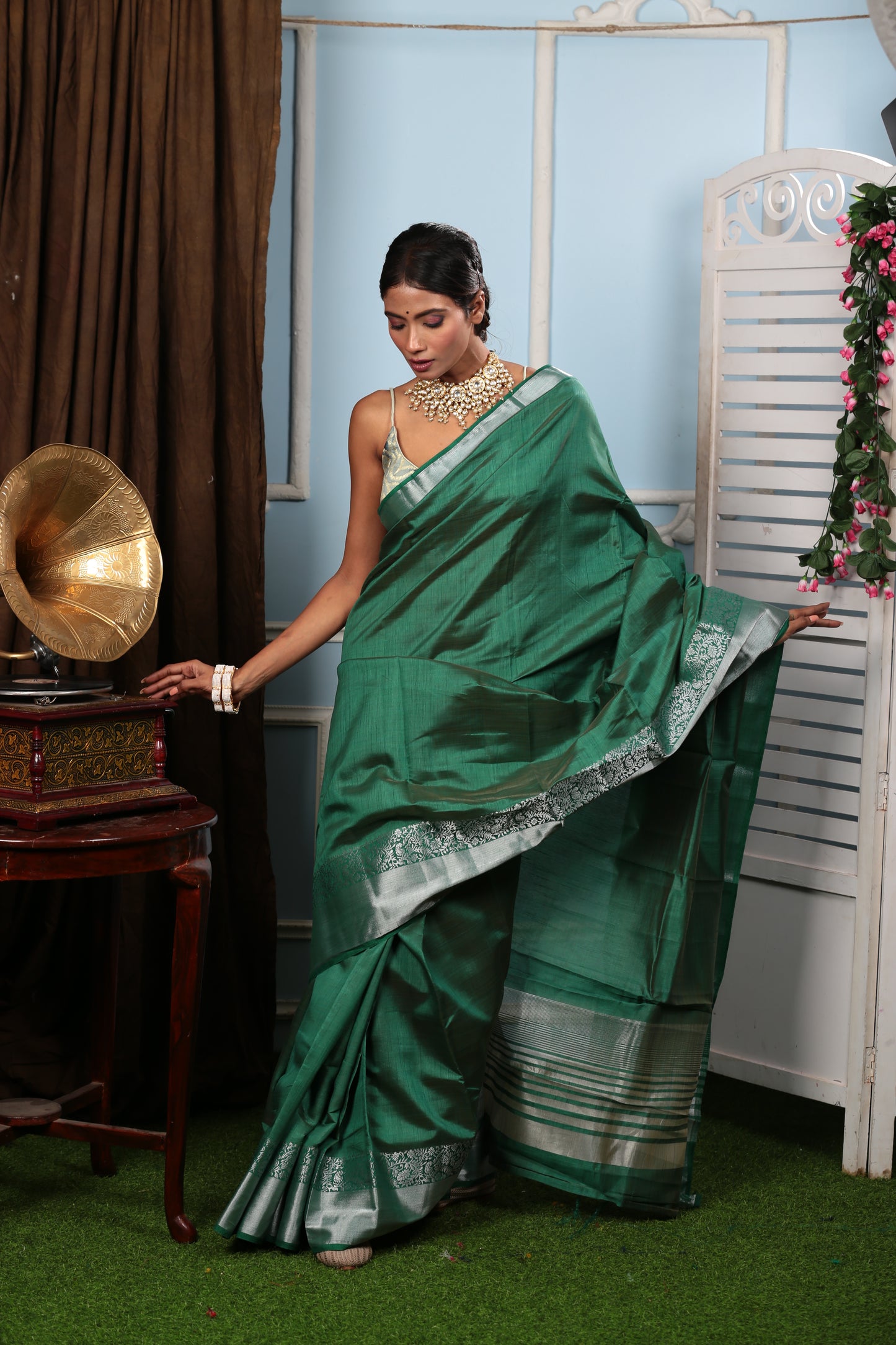 Green raw silk saree with silver border, ideal for temple wear. | Urbane Essence