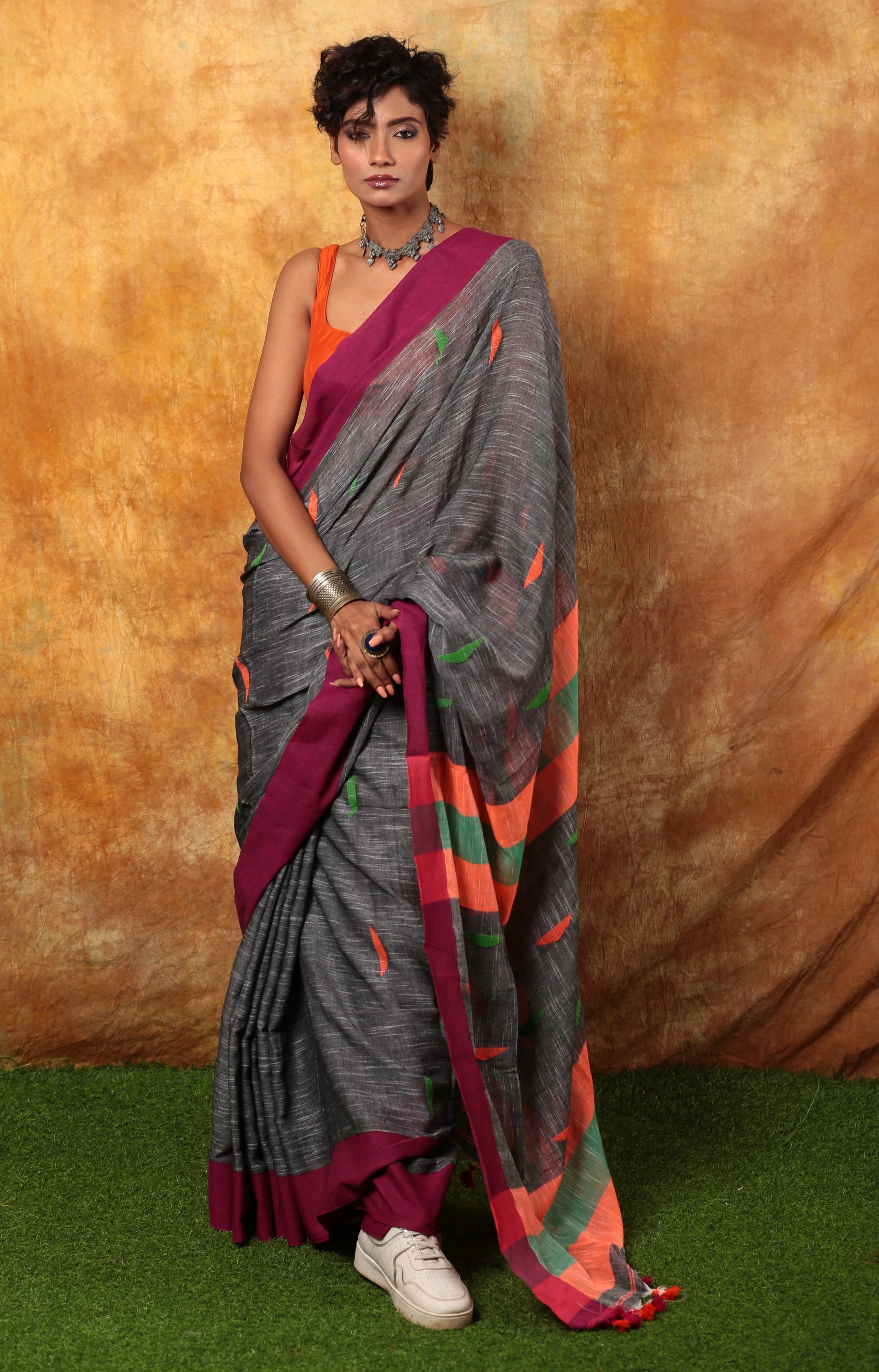 Assam Khadi saree: grey with magenta border, subtle patterns, perfect for work. | Urbane Essence