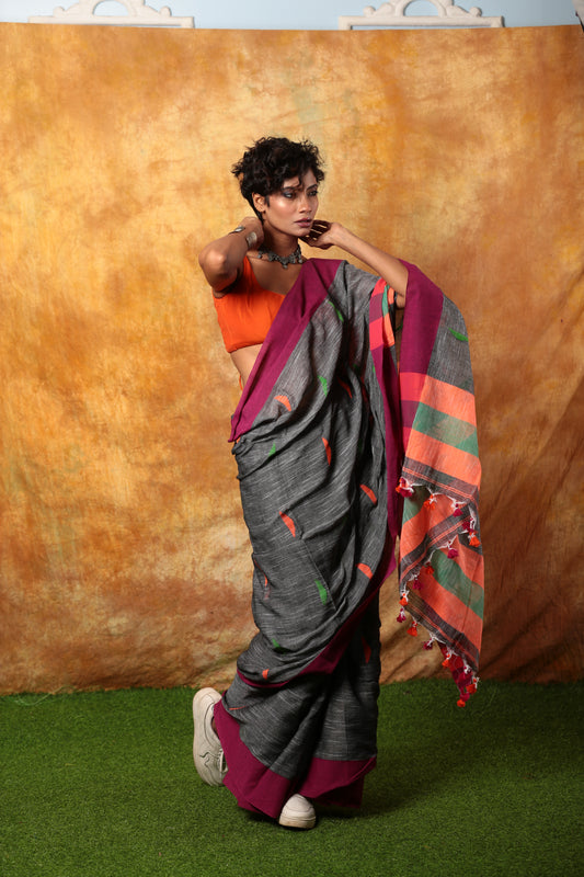 Assam Khadi saree: grey with magenta border, light patterns, perfect for work. | Urbane Essence