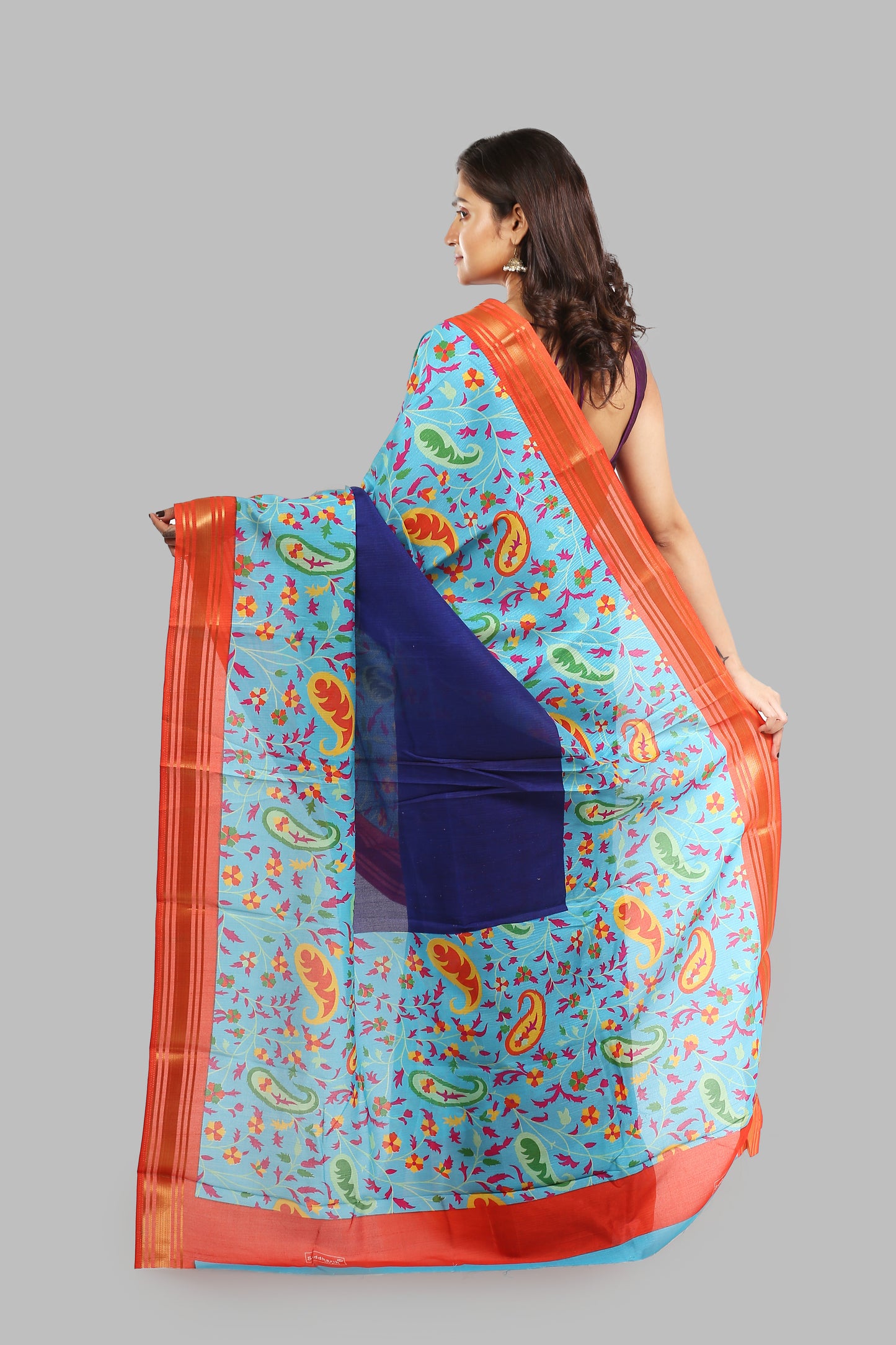 Botanical Cobalt Raw Silk Saree