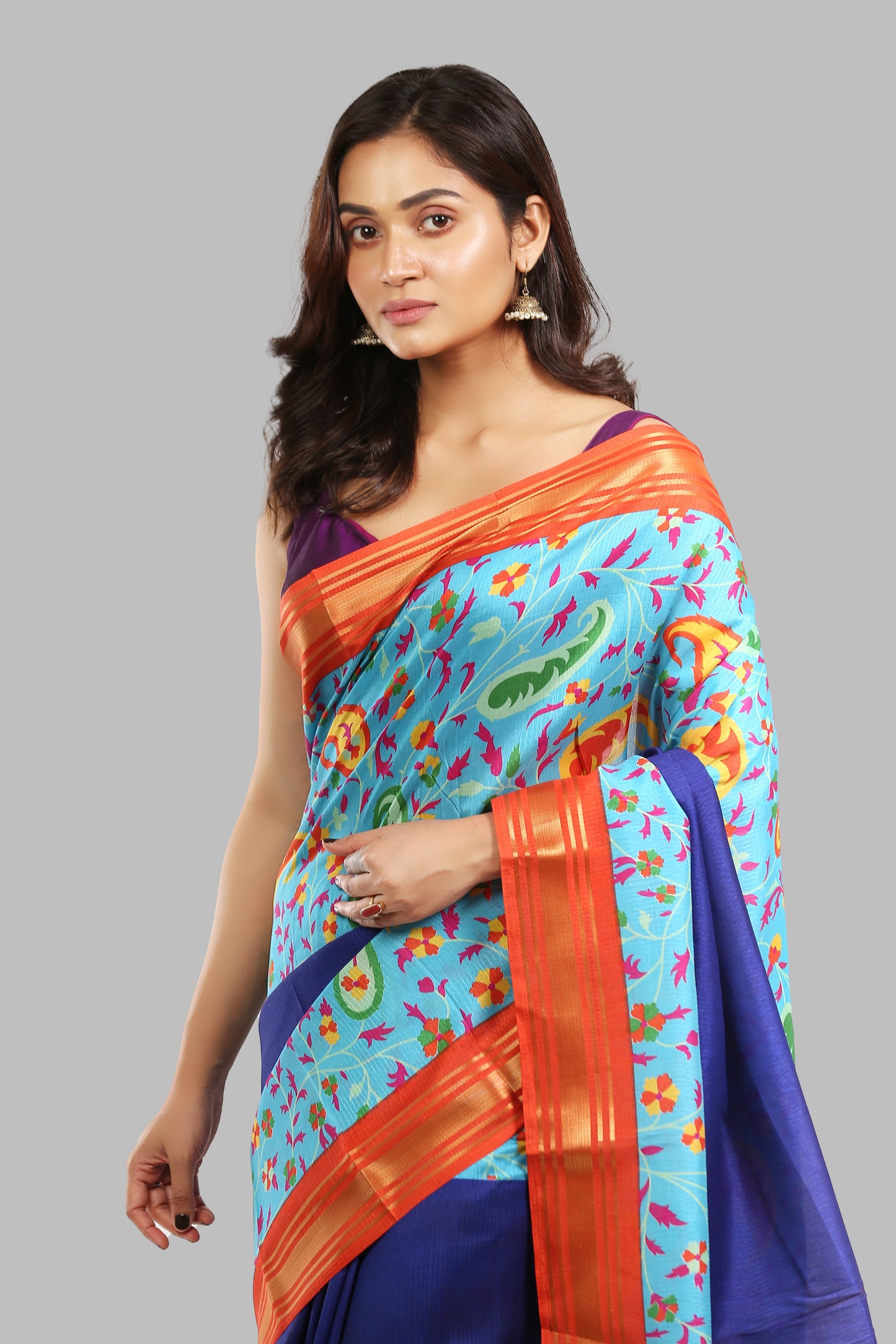 Botanical Cobalt Raw Silk Saree