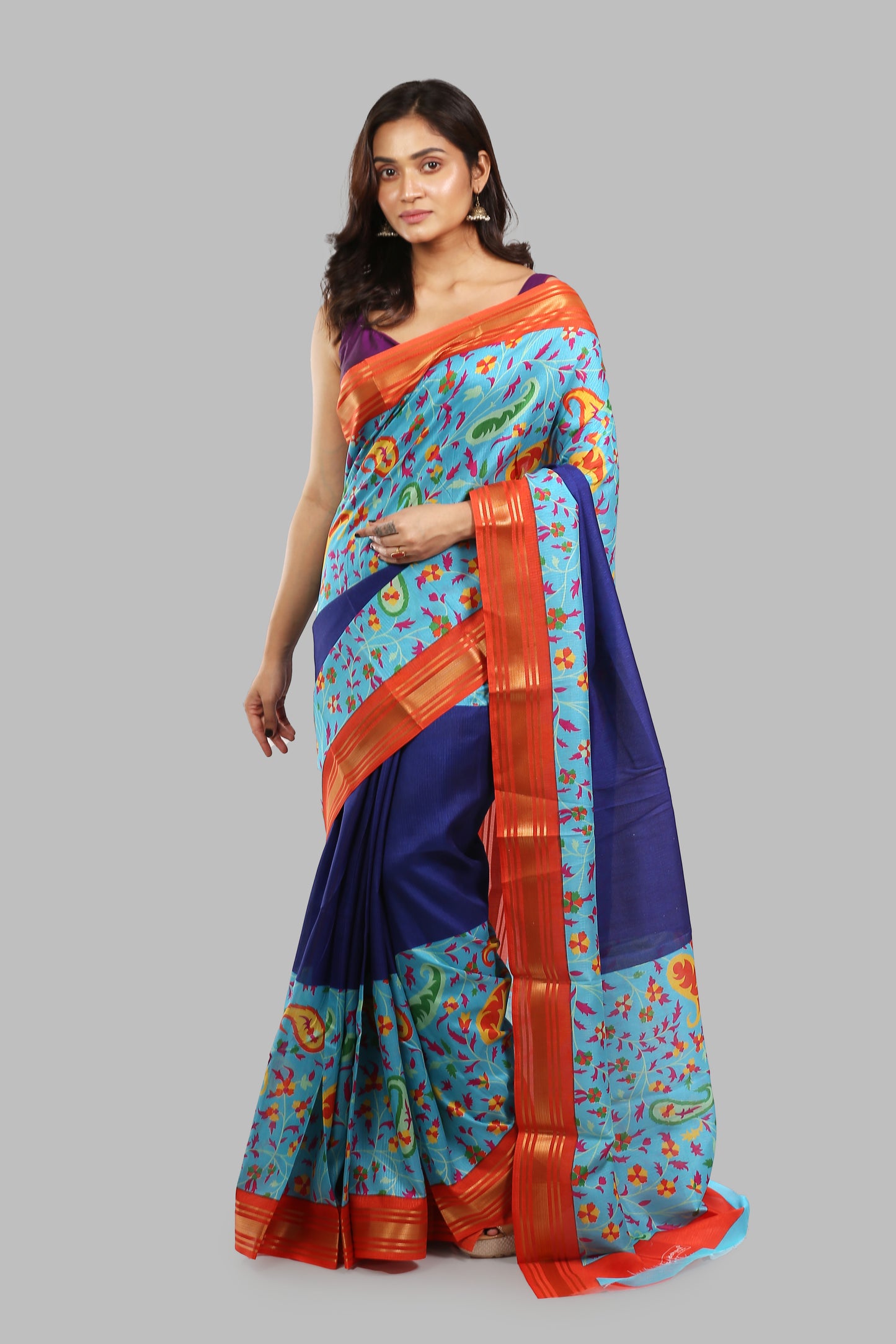 Botanical Cobalt Raw Silk Saree