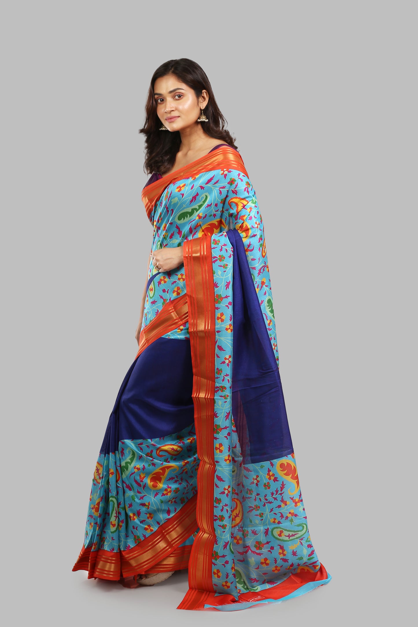Botanical Cobalt Raw Silk Saree