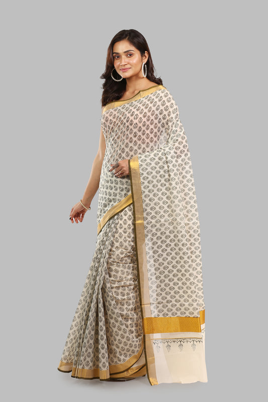 Captivating Ivory Cotton Saree