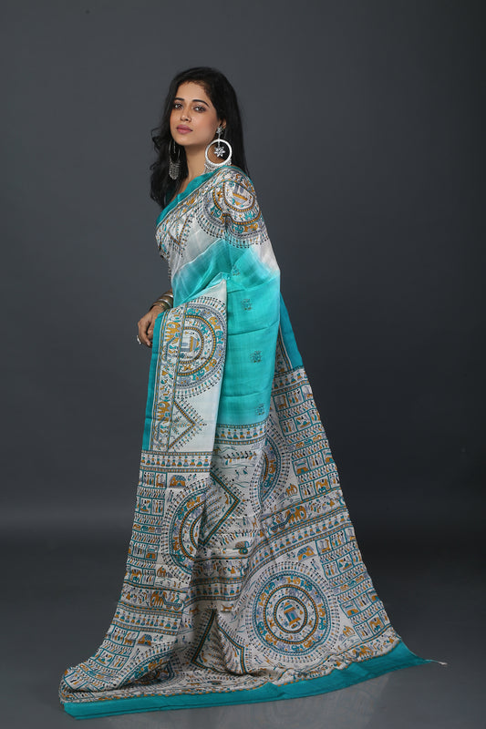 Carved Sea  Mulberry Silk Saree