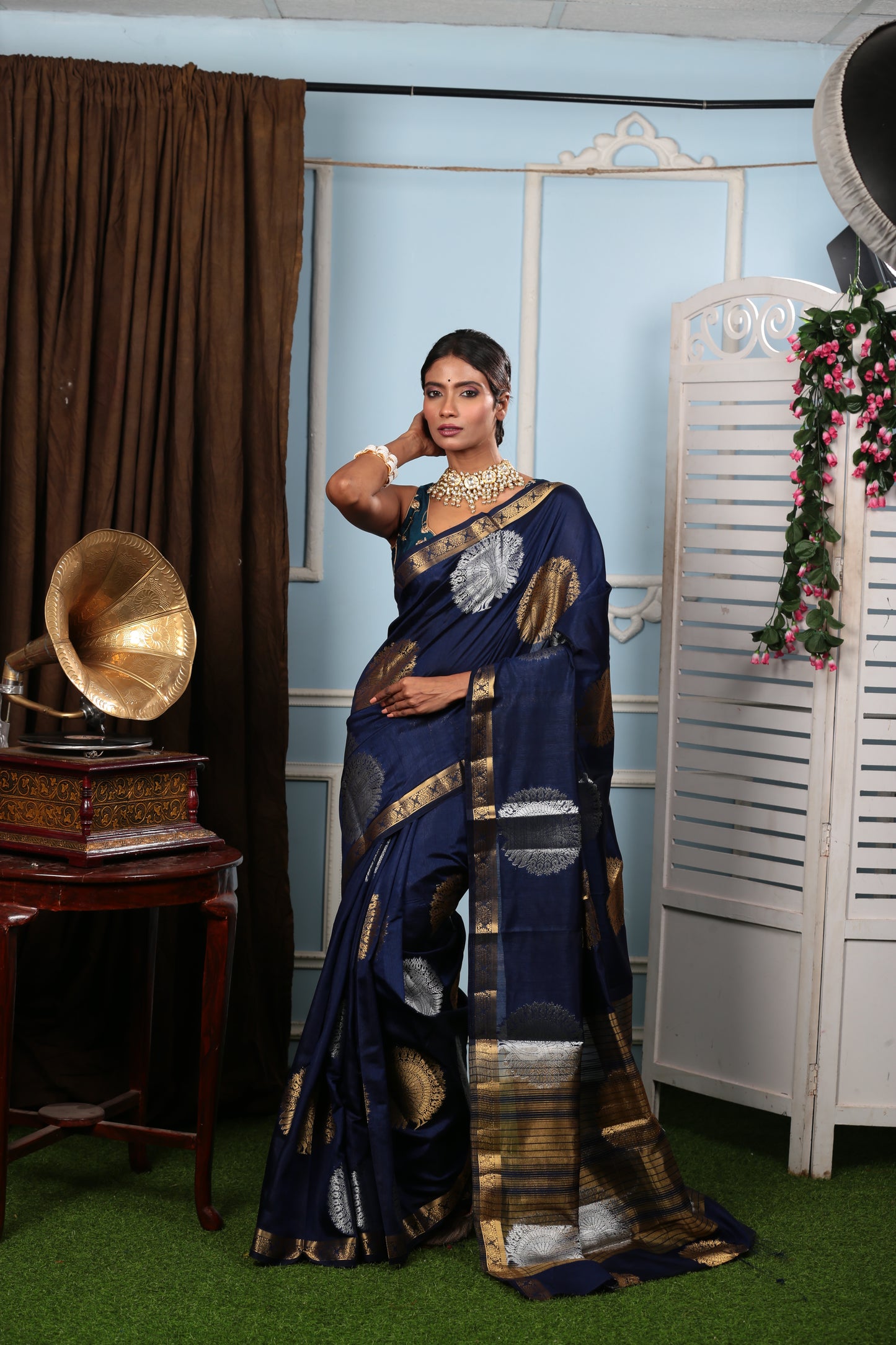 Navy blue raw silk saree with silver & gold intricate patterns, royal pallu, perfect for festive occasions | Urbane Essence