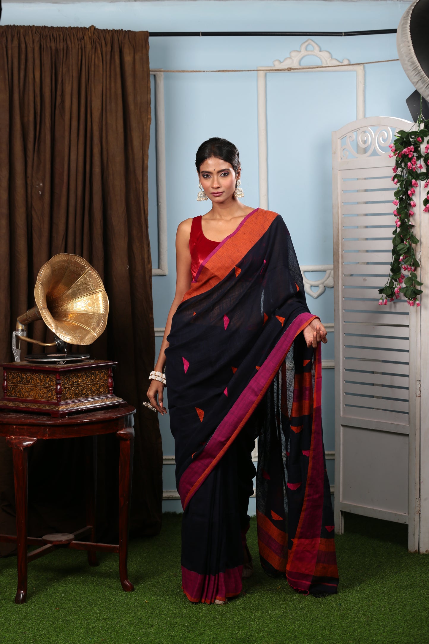 Assam Khadi black saree with multi-color patches, broad purple border, perfect for summer events | Urbane Essence