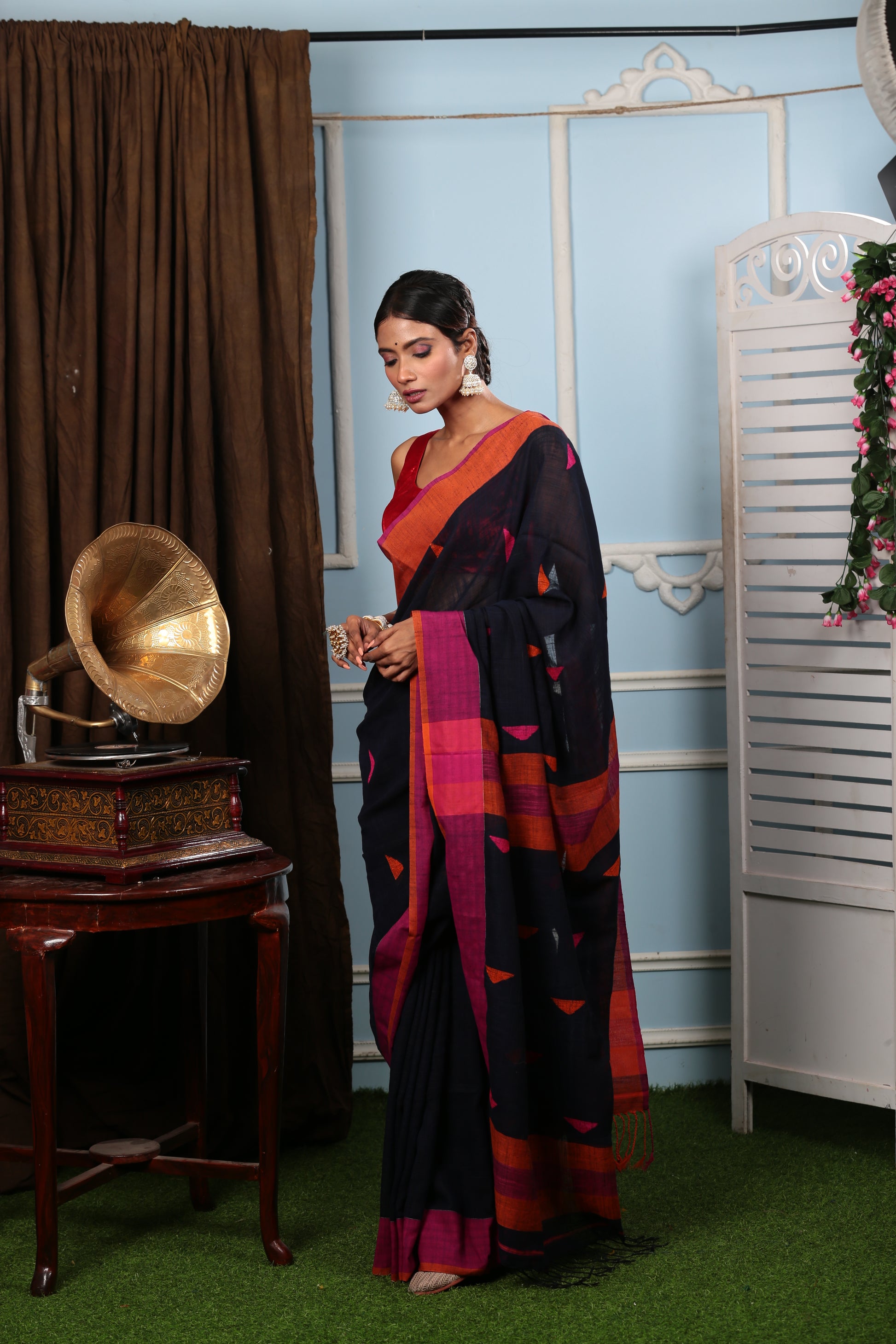 Black Assam Khadi saree with multi-color patch patterns, broad purple border, perfect for summer events | Urbane Essence