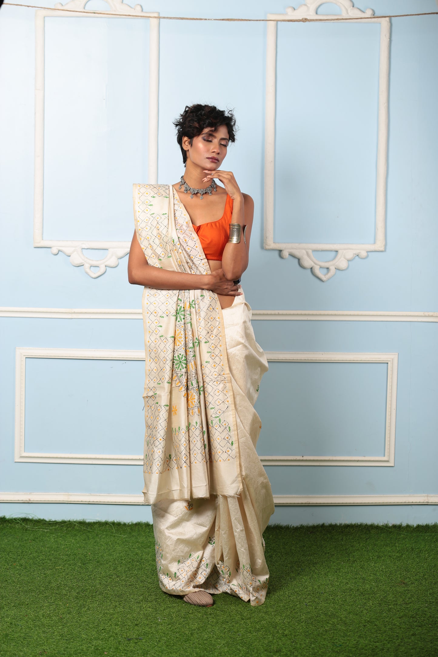 White, yellow, green Kantha silk saree with intricate hand-stitched details, perfect for gifting. | Urbane Essence