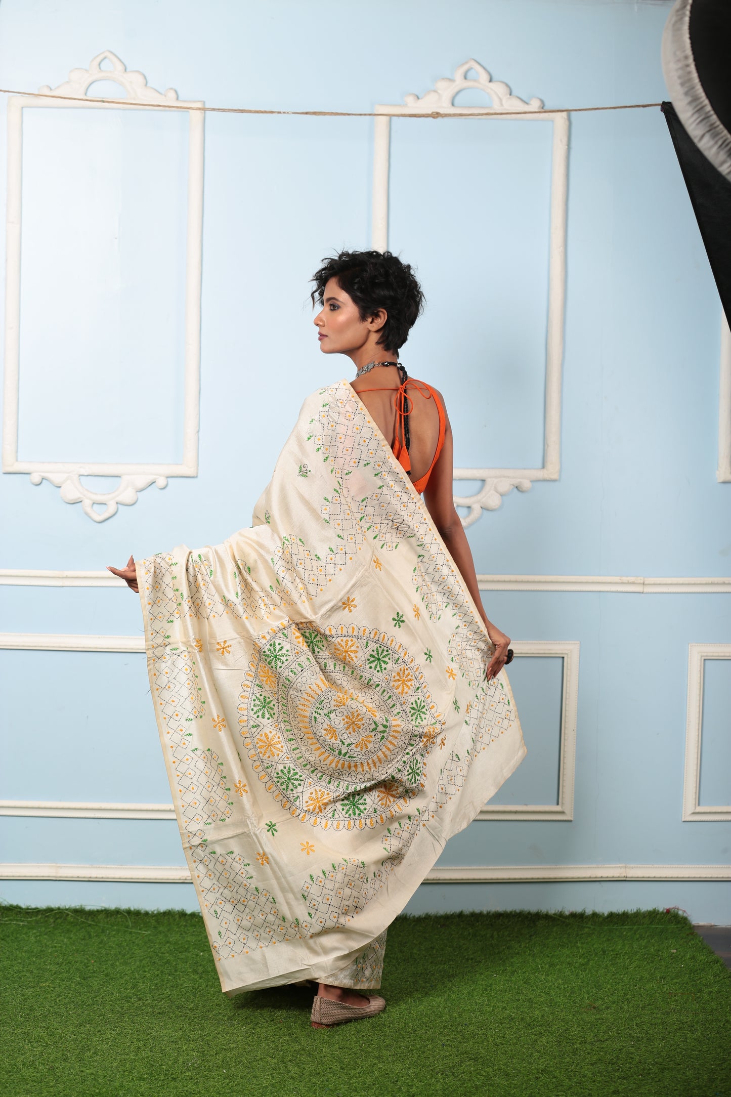 White Kantha saree with intricate yellow and green embroidery, perfect for gifting. | Urbane Essence