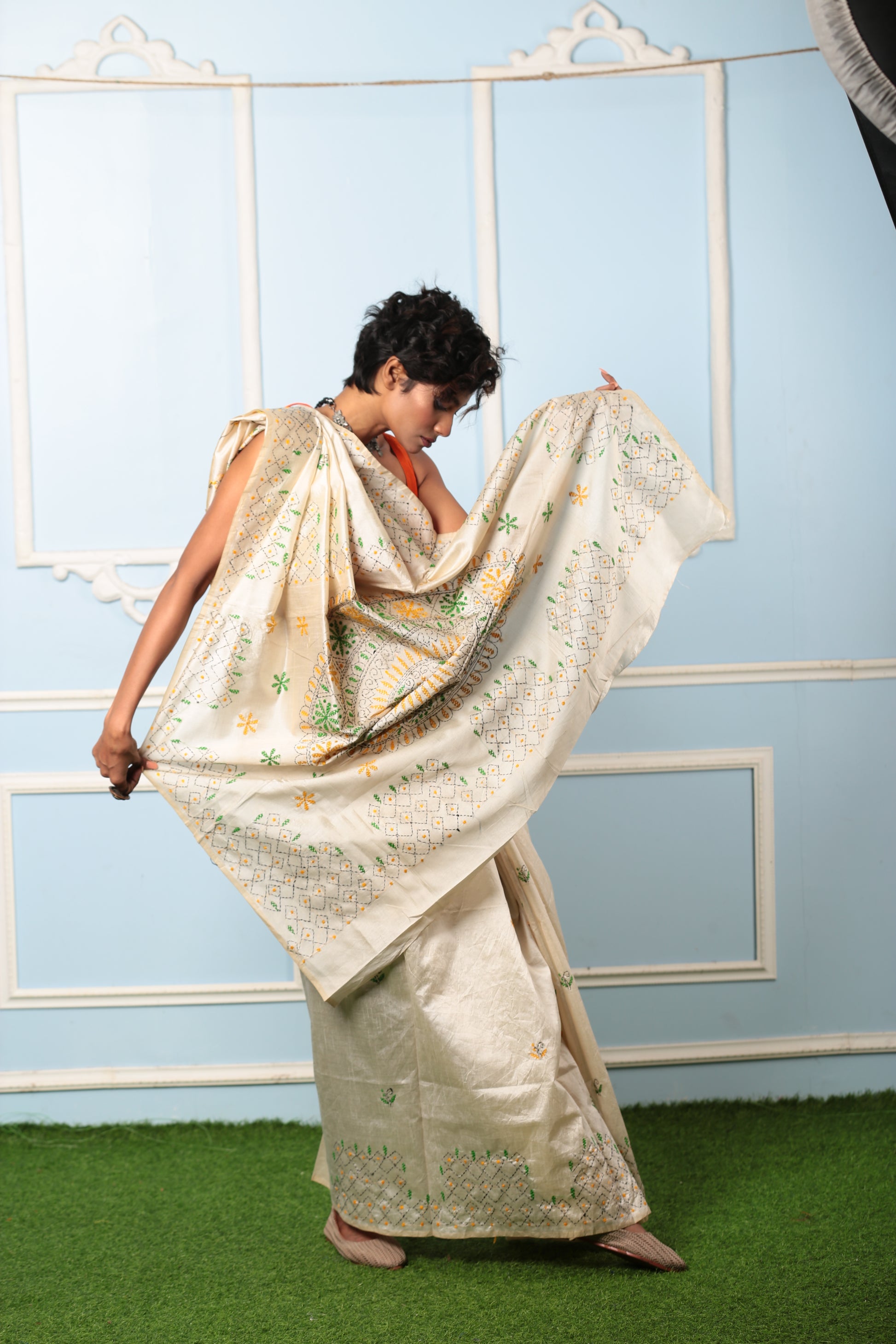 White, yellow, green Kantha silk saree with intricate stitch details, perfect for gifting. | Urbane Essence