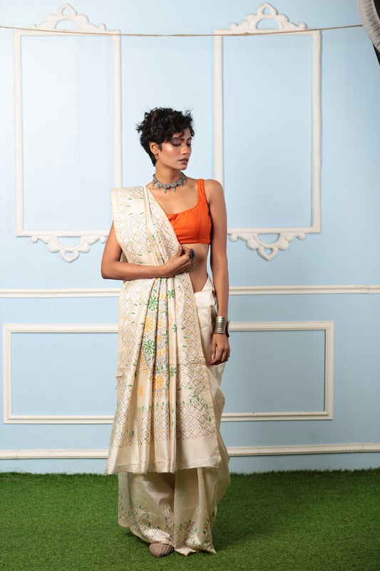 White, yellow, green Kantha saree with intricate stitch details, ideal for gifting. | Urbane Essence