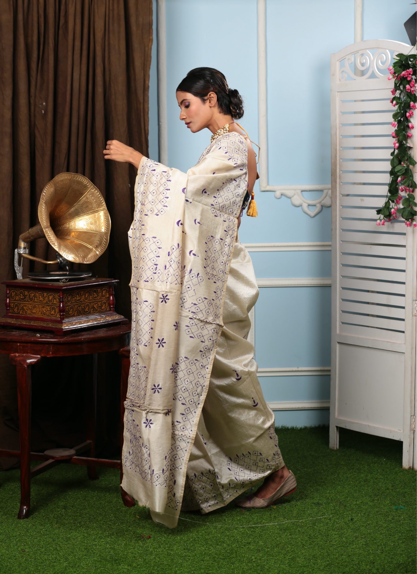 White Kantha stitch silk saree with intricate blue designs, perfect for festive occasions. | Urbane Essence