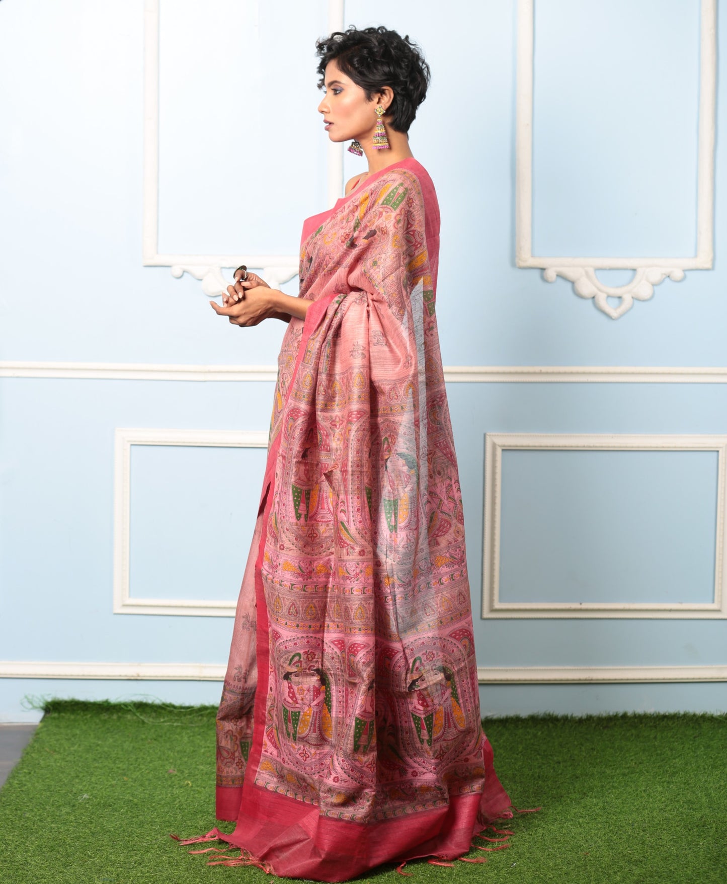 Cotton candy pink Madhubani digitally painted saree, perfect for summer events. | Urbane Essence