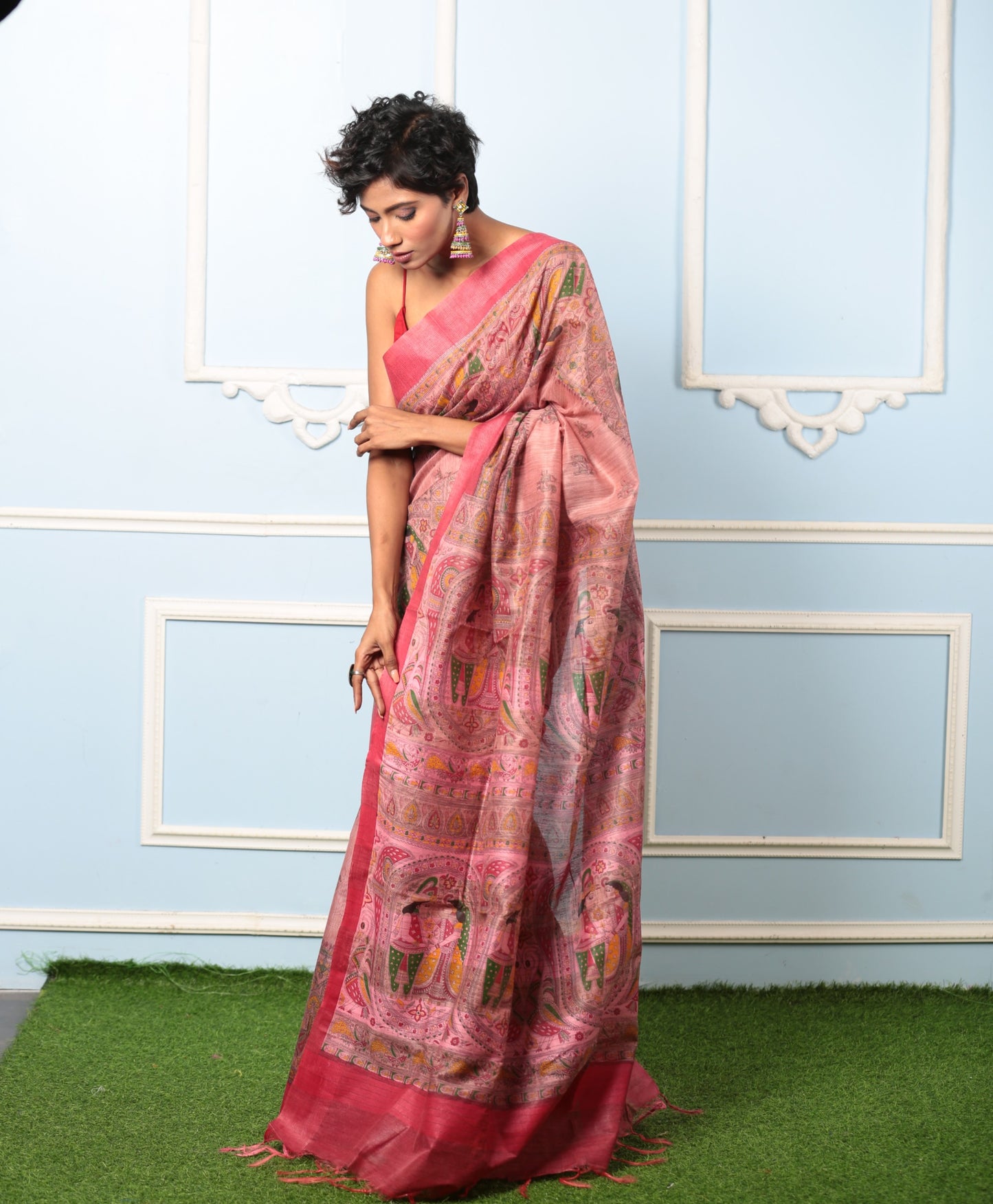 Pink cotton Madhubani digitally painted saree, perfect for summer events. | Urbane Essence