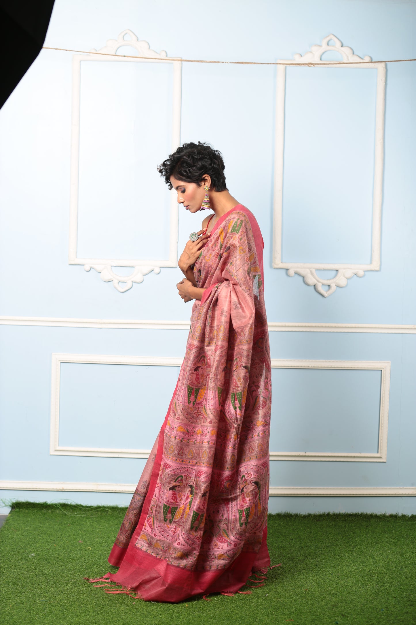 Cotton candy pink Madhubani digitally painted saree, perfect for summer events. | Urbane Essence