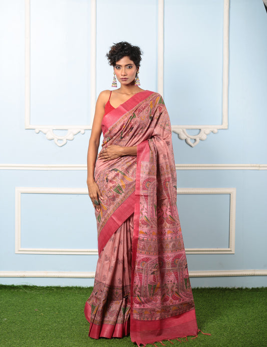 Cotton candy pink Madhubani digitally painted saree, perfect for summer events. | Urbane Essence