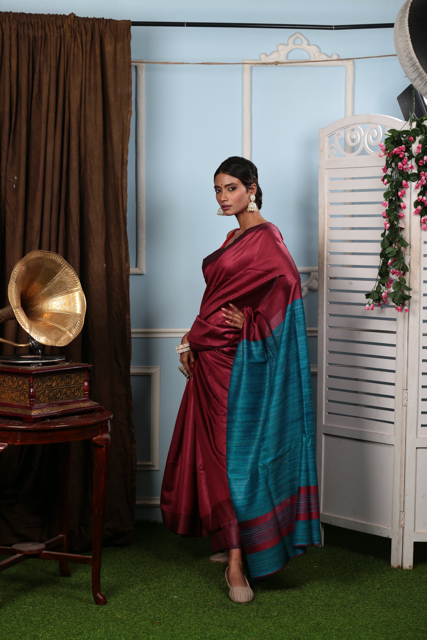 Carmine and cobalt blue handwoven Tussar silk saree, perfect for elegant occasions | Urbane Essence