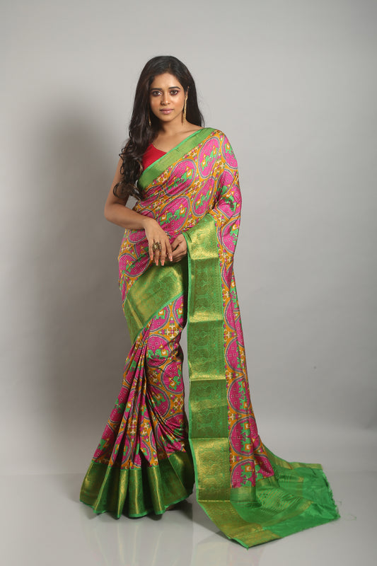 Extensive Coral Ikkat  Saree