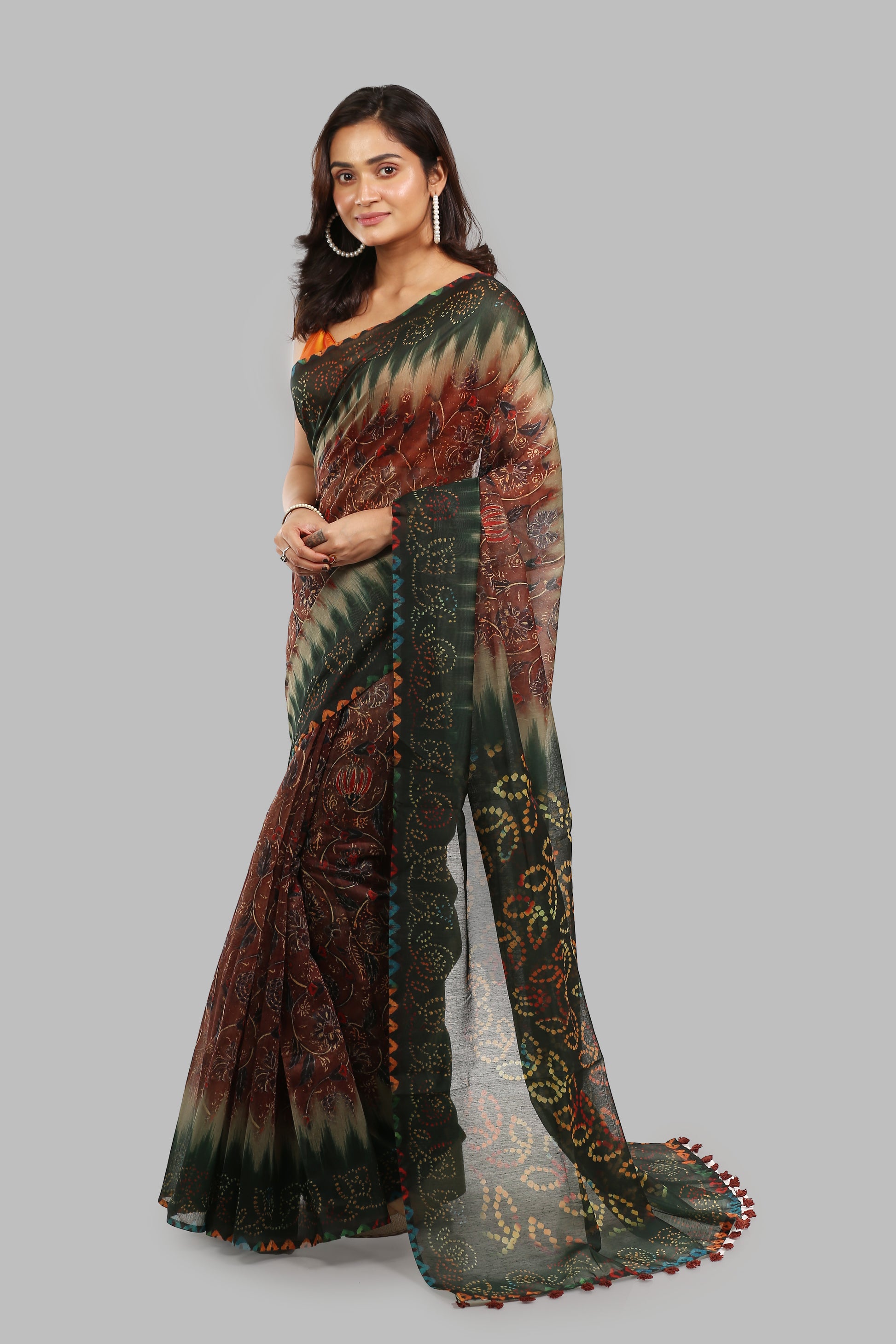 Farm-Fresh raw silk saree in black, green, brown, blue with leafy pallu and booty balls, ideal for morning events | Urbane Essence
