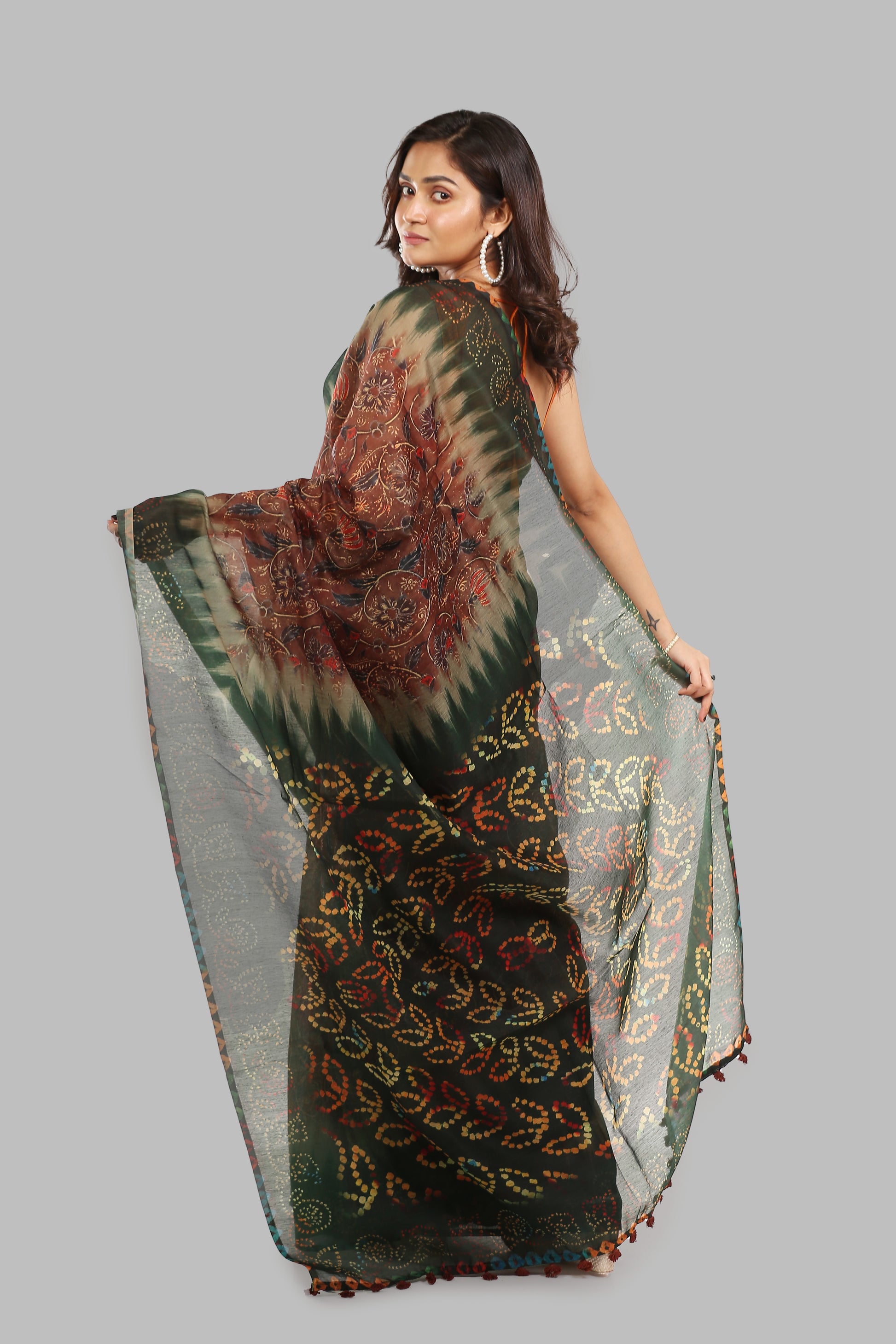 Farm-Fresh raw silk saree in black, green, brown, blue with leafy pallu, ideal for evening or mid-day occasions | Urbane Essence