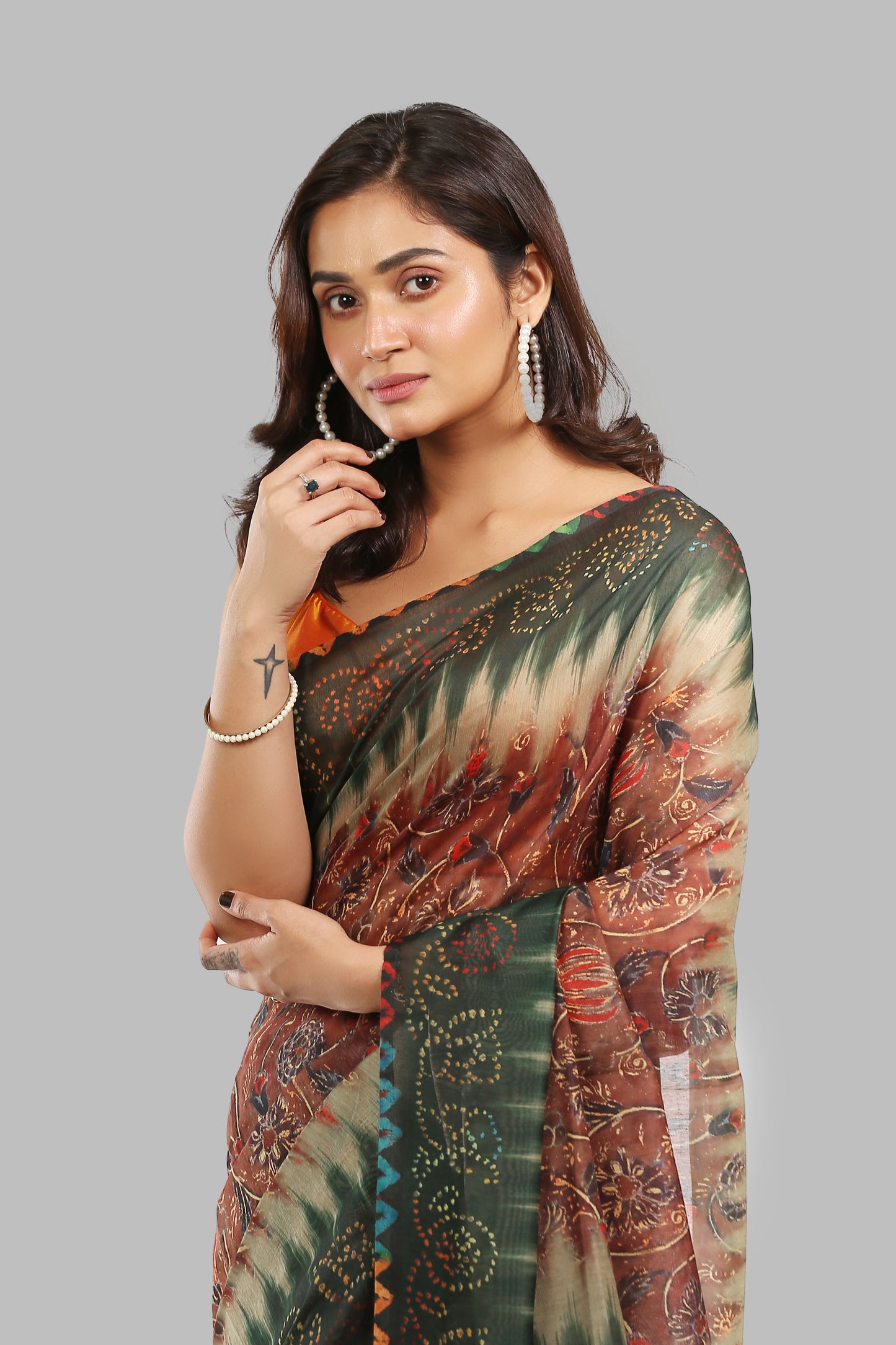 Farm-Fresh Raw Silk Saree in black, green, brown, blue with leafy pallu, ideal for evening or mid-day occasions | Urbane Essence