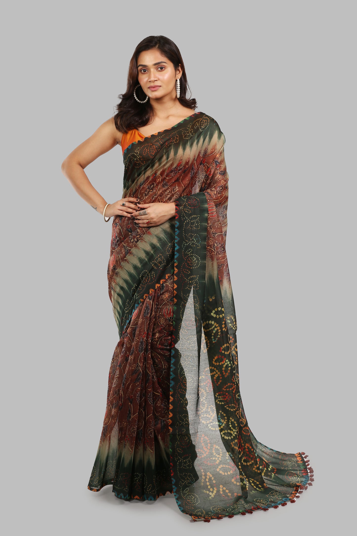 Farm-Fresh Raw Silk Saree in black, green, brown, blue with leafy pallu, ideal for evening or mid-day occasions | Urbane Essence