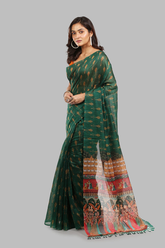 Deep green raw silk saree with all-over patterns, no border, and a pallu featuring ancient wall painting figures for traditional occasions | Urbane Essence