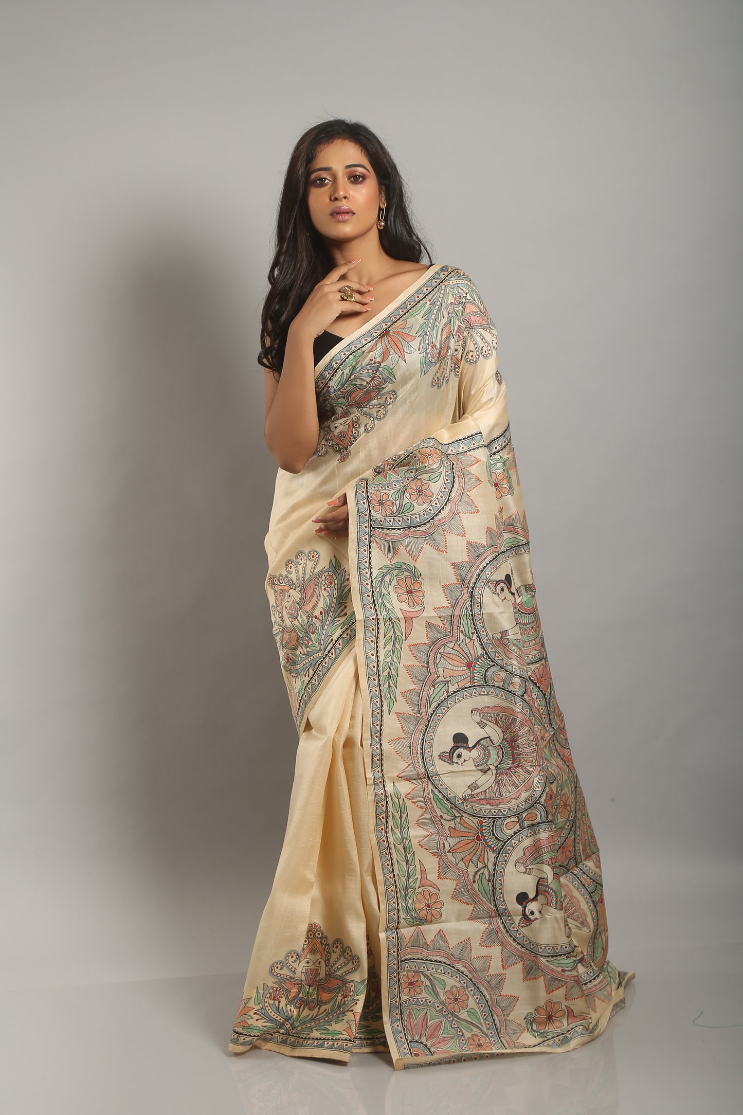 Graceful Madhubani Painted Silk Saree