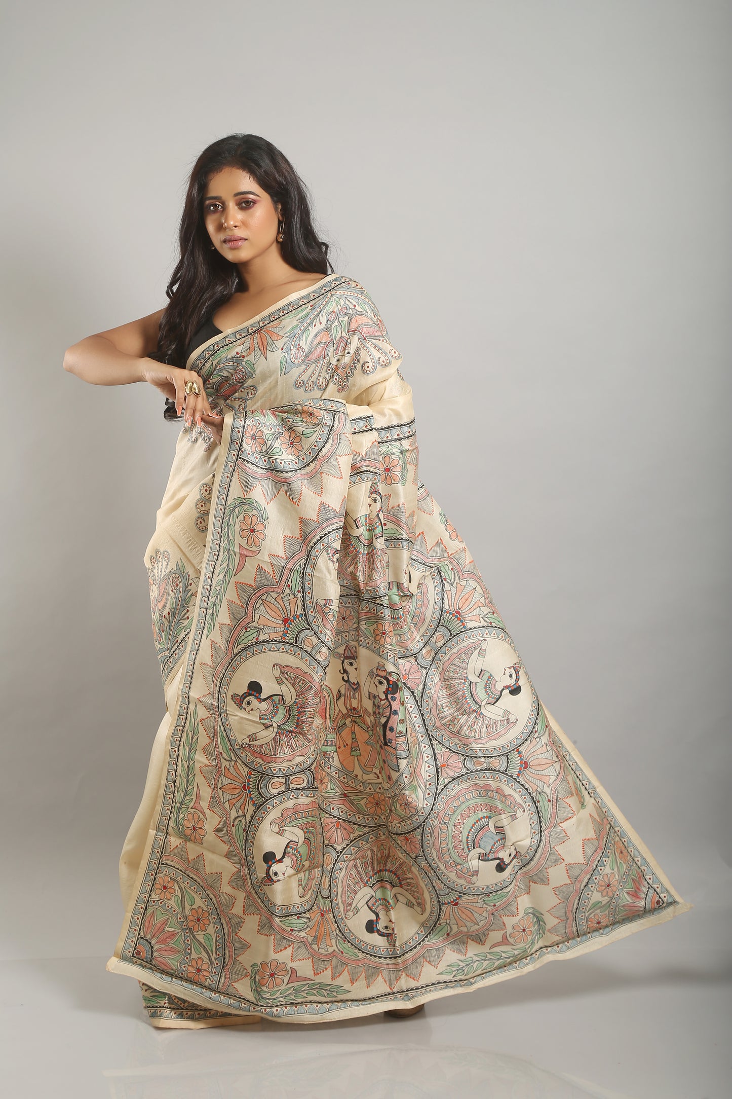 Graceful Madhubani Painted Silk Saree