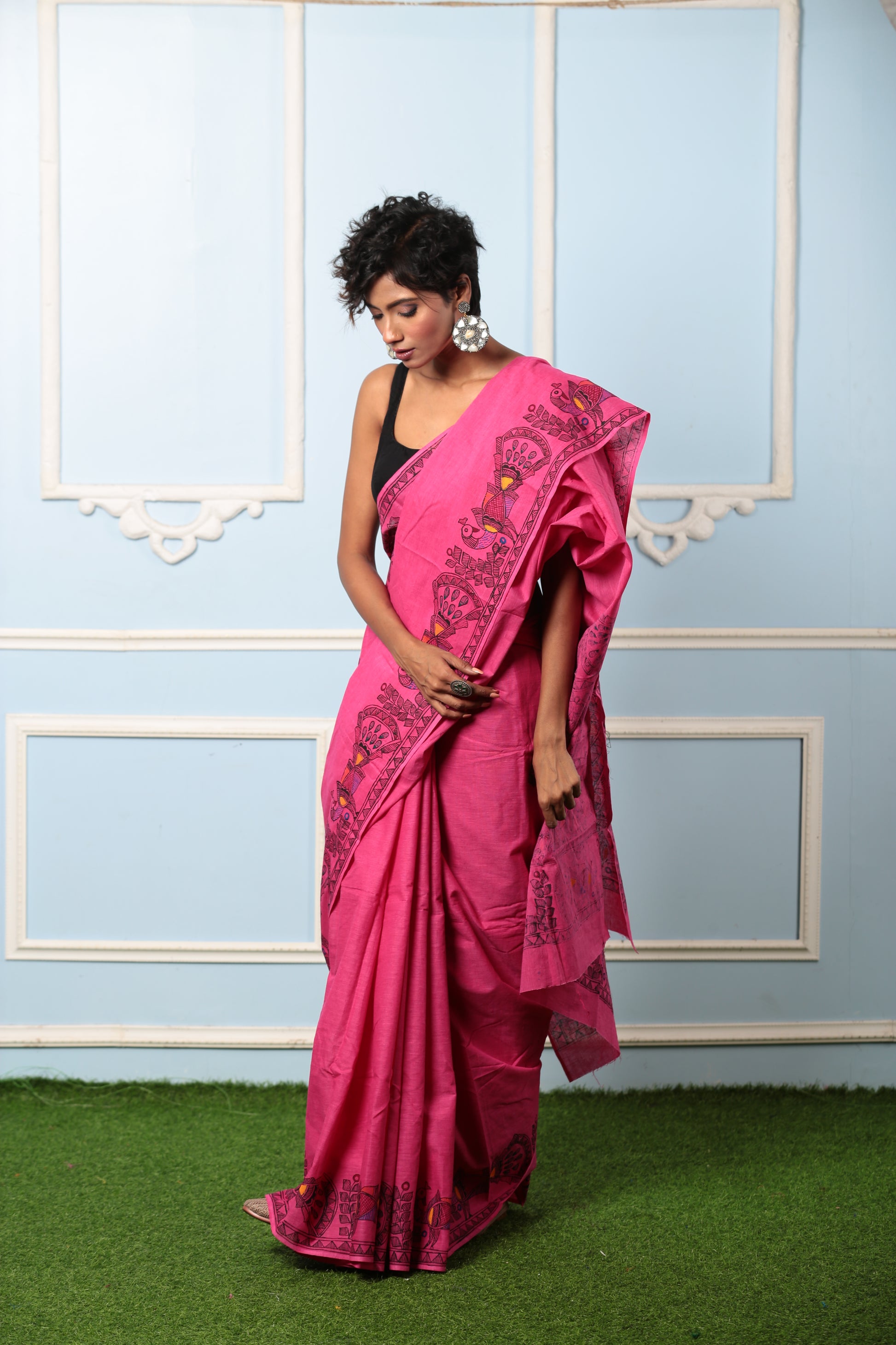 Woman in a magenta Madhubani cotton saree, ideal for brunch or traditional occasions | Urbane Essence