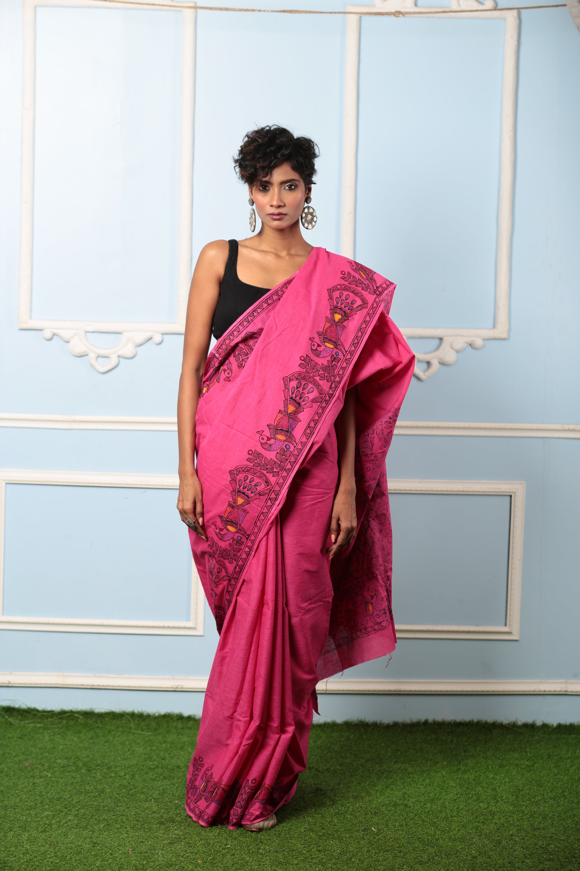 Woman in a magenta Madhubani cotton saree, ideal for brunch. | Urbane Essence