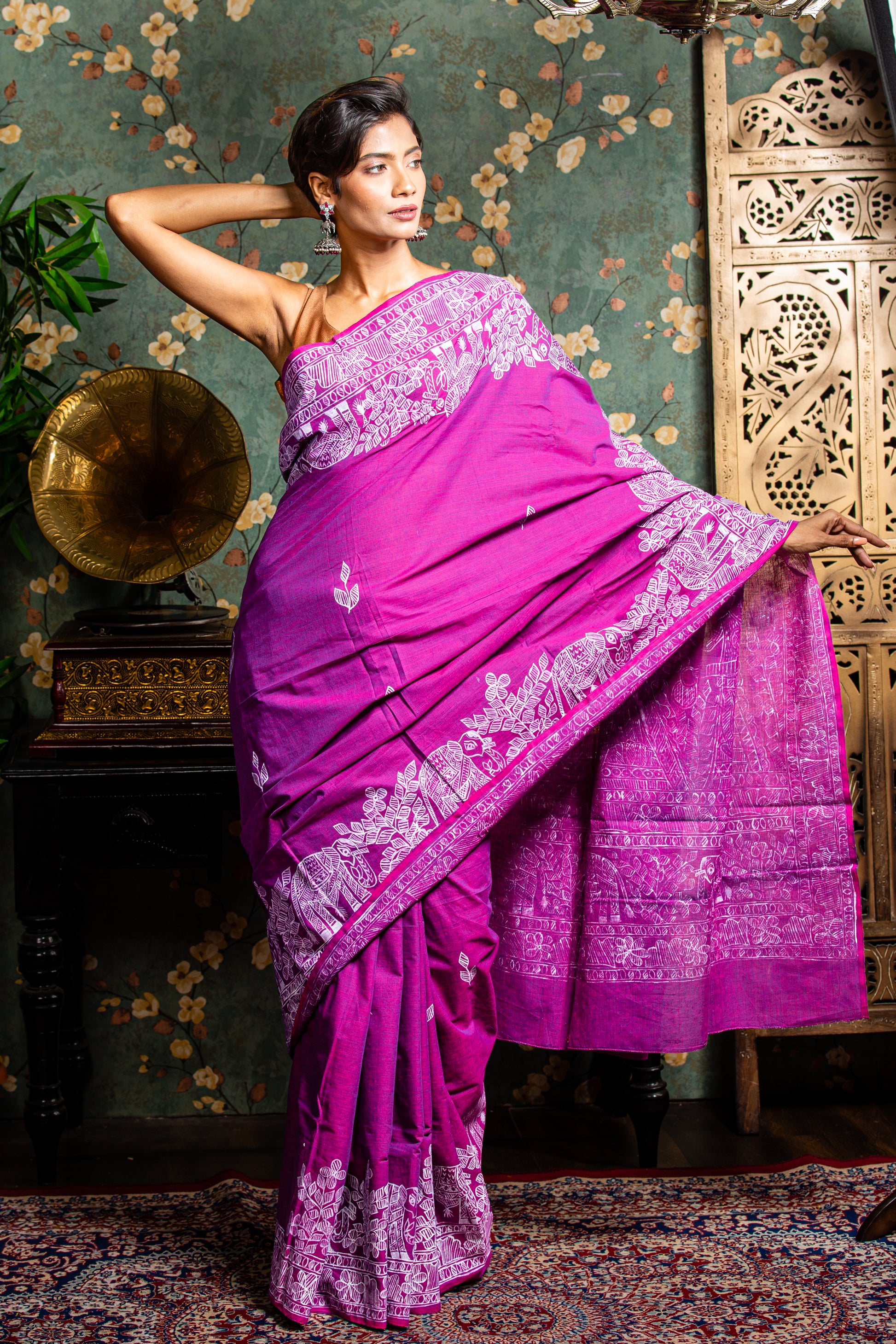 Magenta Tussar silk saree with white Madhubani painting on border and pallu, ideal for cultural events | Urbane Essence