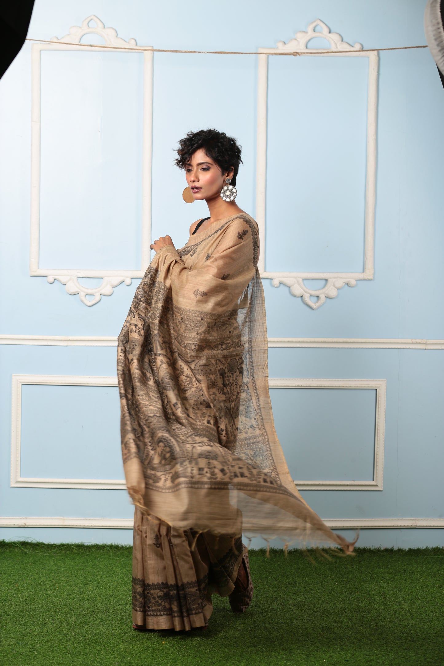 Beige silk Madhubani saree with black ink princess tale design, perfect for gifting | Urbane Essence