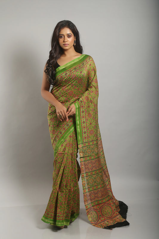 Impartial Pistachio Ajrakh Saree