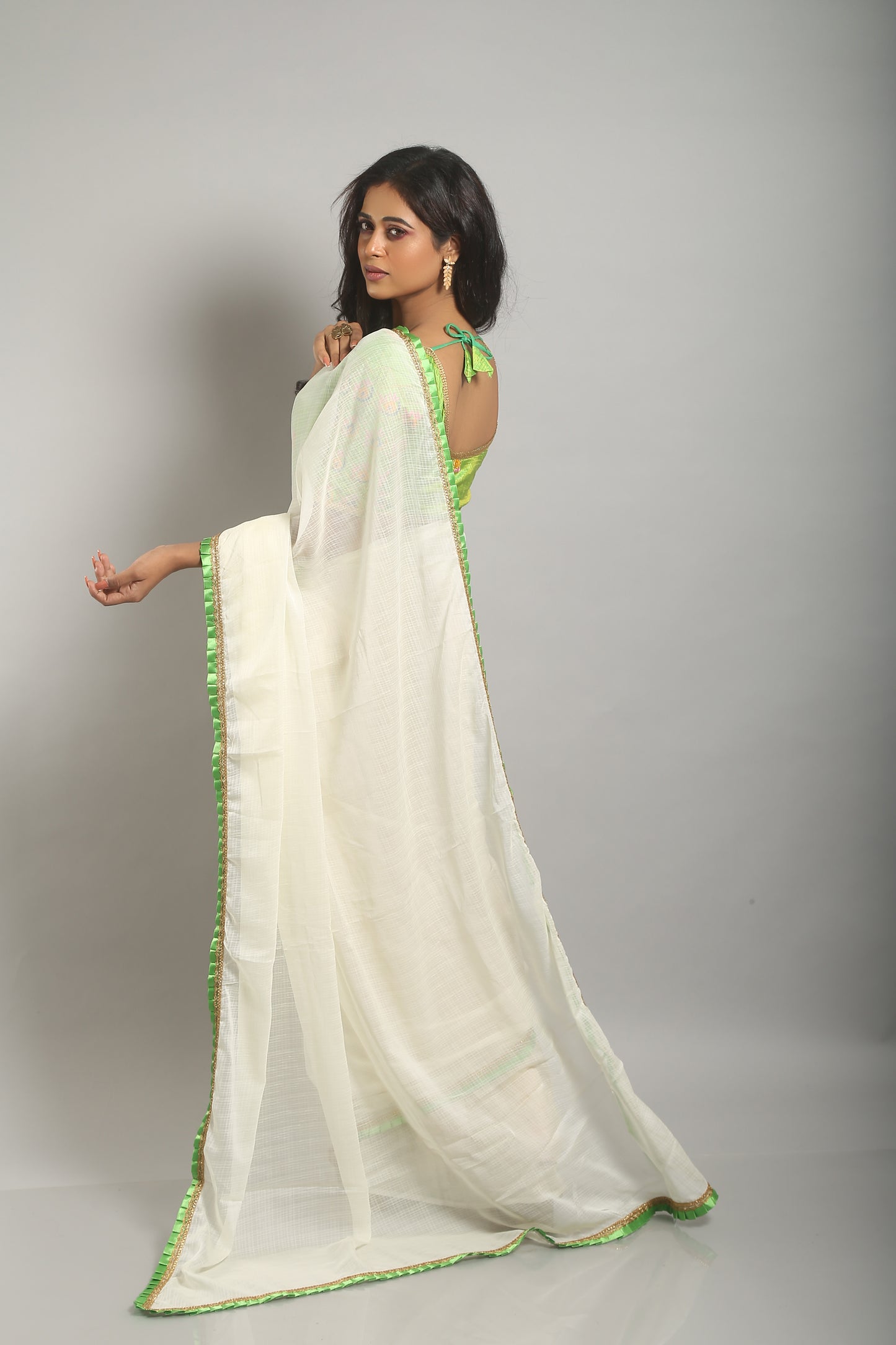 Ivory-greenish Chiffon Saree