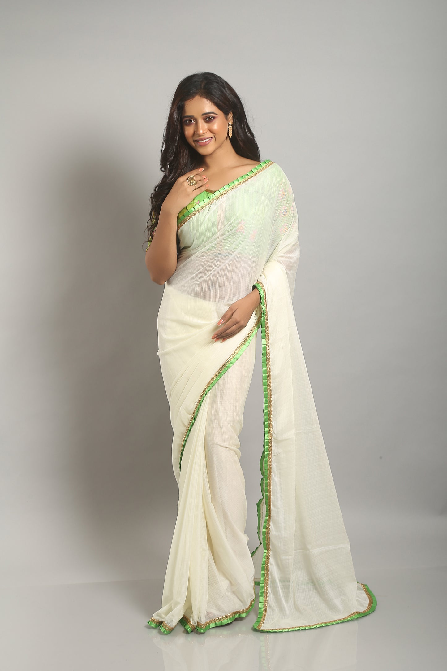 Ivory-greenish Chiffon Saree