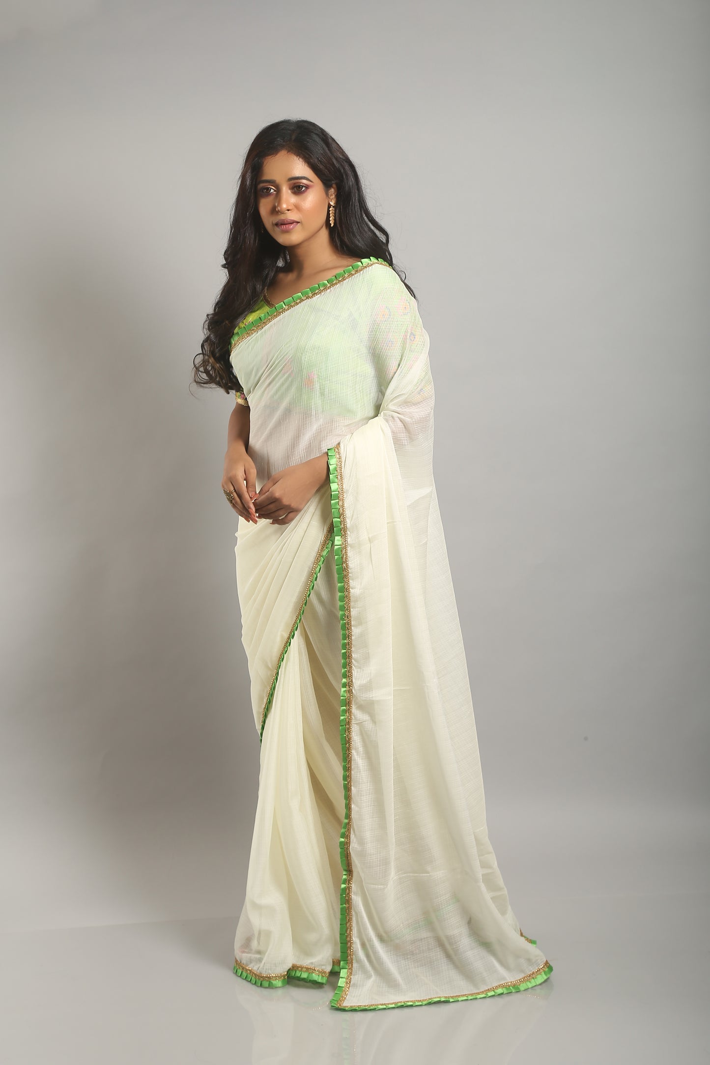 Ivory-greenish Chiffon Saree