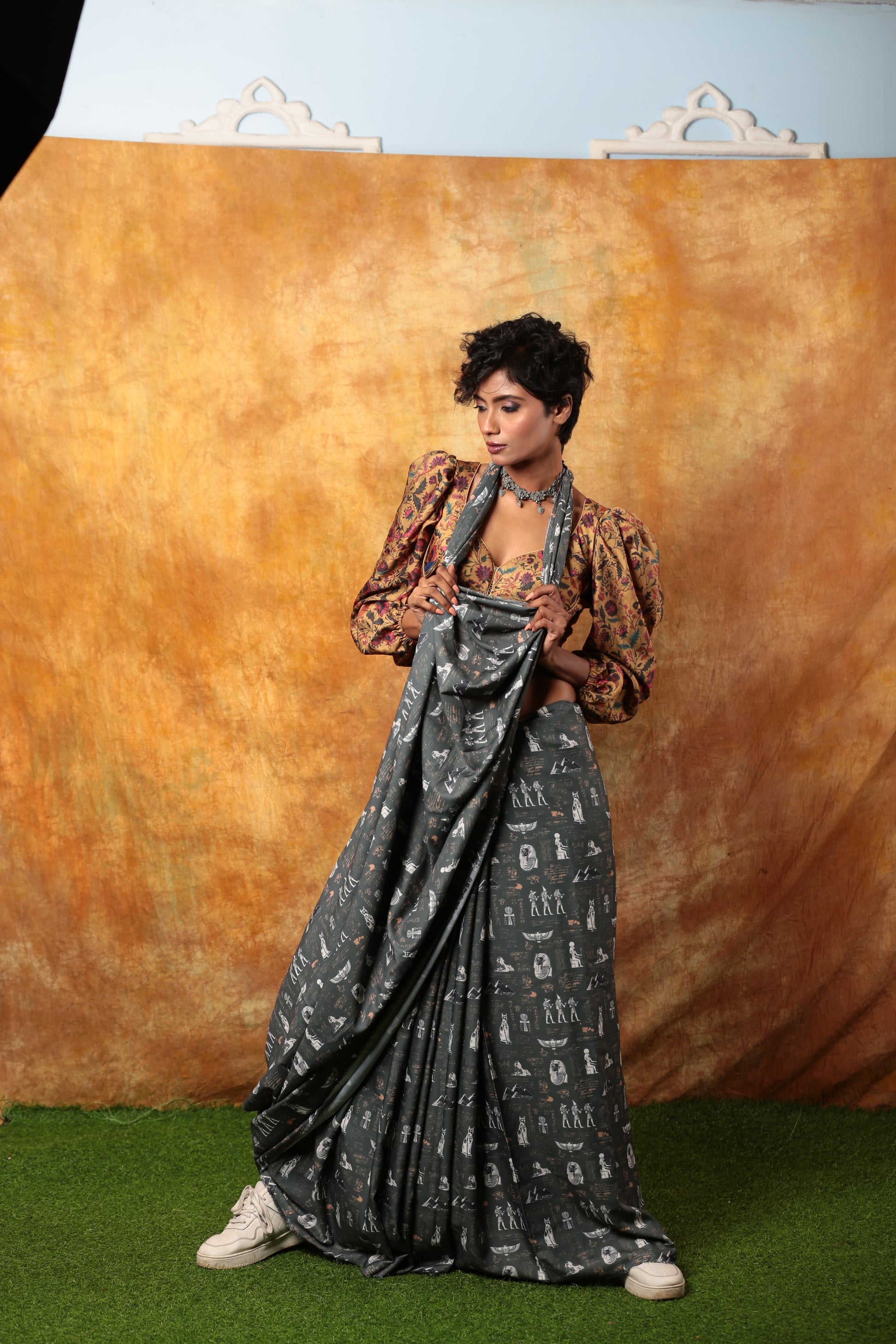 Grey Egyptian print saree with white hieroglyphics, suitable for art lovers. | Urbane Essence