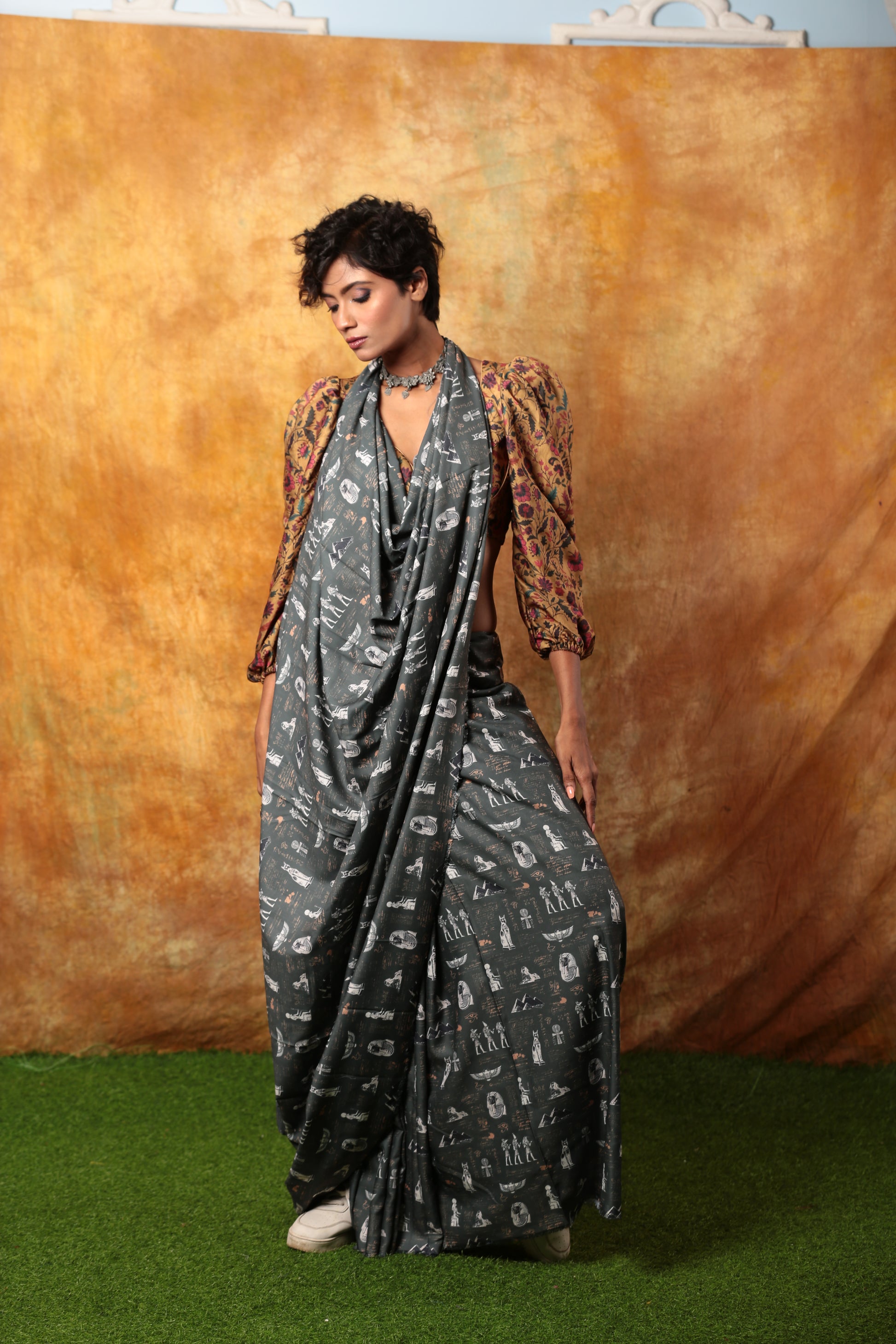 Grey Egyptian print saree with hieroglyphics, ideal for art lovers and unique occasions. | Urbane Essence
