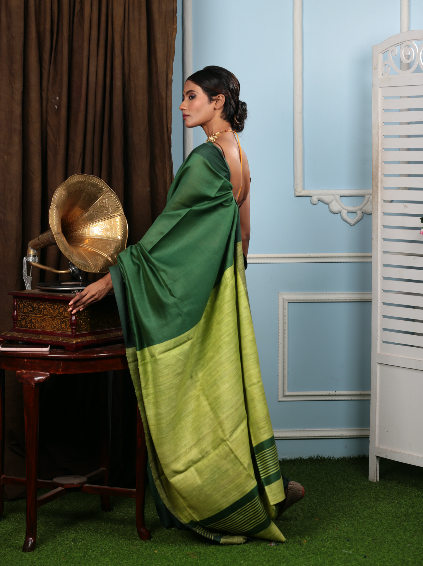 Elegant dark green and lime green Tussar silk saree, perfect for festive occasions. | Urbane Essence