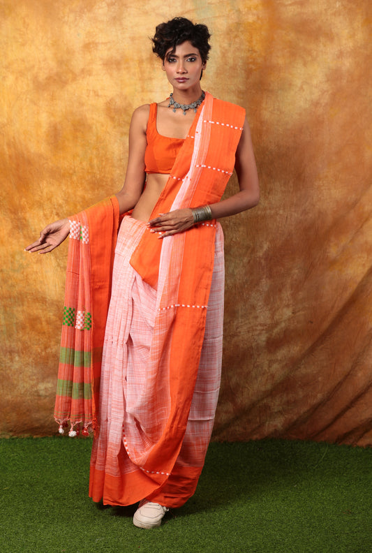 Assam Khadi saree in orange, white, and green with checker pattern, ideal for day events. | Urbane Essence